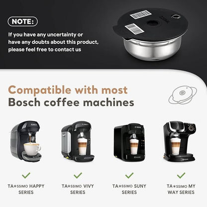 Stainless Steel Reusable Tassimo Pods with 4 Black Silicone Lid 60/180/200/220ml RefillableTassimo Coffee Pads wtih Tamper Compatible for Bosch Tassimo Machine