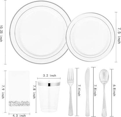 Supernal 400pcs Silver Plastic Dinnerware Set Heavy Duty Disposable Plates Include Silver Plastic Dessert Plates,50 Spoons & Knives & Cups & Napkins & 100 Forks,Prfect For Party and Wedding