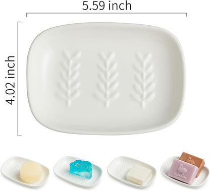 Soap Dish Soap Holder Shower, Ceramic Soap Dishes for Bar Soap Sponge, Shower Soap Dish Soap Saver Tray for Bathroom Kitchen Sink, Easy to Clean, White