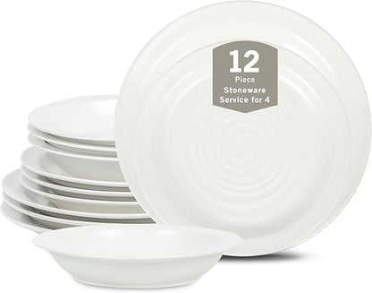 Stone Lain Orbit 12-Piece Dinnerware Set Stoneware, Plates and Bowls Set, Pasta Bowls, Microwave and Dishwasher Safe, Dish Set for 4, White