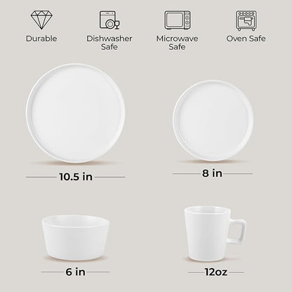 Zulay Kitchen Terra Stoneware Dinnerware Set, Artisanal Ceramic Plates and Bowls Set Crafted at 2300℉ - Service for 4, Frost White