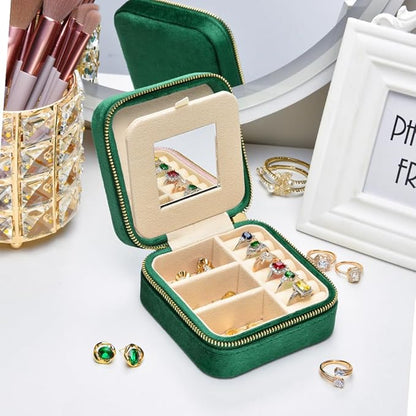 TAIMY Plush Velvet Travel Jewelry Box, Small Travel Jewelry Case, Portable Mini Jewelry Travel Organizer Boxes for Rings Earrings Necklaces Bracelets(Emerald Green,with Mirror)