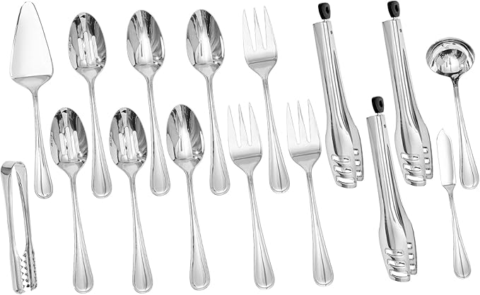 KINGSTONE 16 Piece Teardrop Serving Utensils Set, 18/10 Stainless Steel Serving Utensils, Slotted Spoons, Forks, Tongs, Cake Server, Butter Knife for Buffet, Catering, Wedding, Party