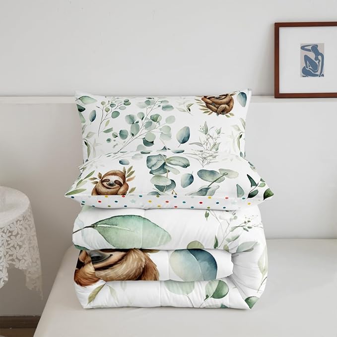 Erosebridal Girls Kawaii Animal King Size Comforter Set Cute Sloth Bedding Set, Cartoon Wildlife Down Comforter Green Leaf Bed Set, Spring Garden Plant Quilted Duvet Child Kids Bedroom Decor