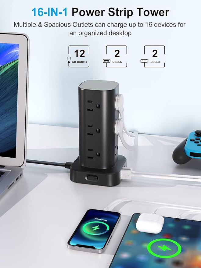 Power Strip Tower with Multiple Outlets, Flat Plug Surge Protector Tower Extension Cord with 12 AC Outlets 4 USB Ports (2 USB C), 15FT Cord Power Tower Surge Protector for Home Office Dorm Room, Black