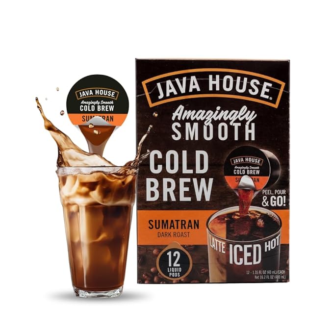 JAVA HOUSE Dark Roast Sumatran Cold Brew Pods, (12 Count) Peel and Pour Pods Hot or Iced Instant Coffee Concentrate