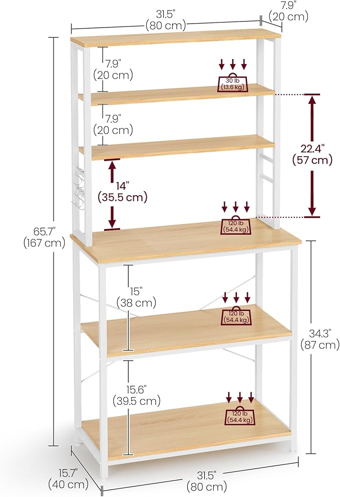 VASAGLE Coffee Bar, 31.5 Inches Baker's Rack for Kitchen with Storage, 6-Tier Kitchen Shelves with 6 Hooks, Microwave Stand, Modern, Golden Oak and Cloud White UKKS019W09
