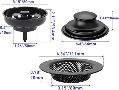 AJOMAN Kitchen Sink Drain Strainer, Cover and Stopper, Food Catcher for Kitchen Sink Drain, Stainless Steel Universal Anti-Clogging Kitchen Sink Filter(3 Pieces, Matte Black)
