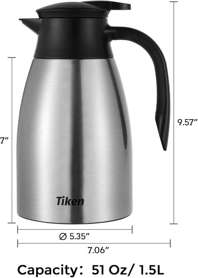 Tiken 51 Oz Thermal Coffee Carafe, Stainless Steel Insulated Vacuum Coffee Carafes For Keeping Hot, 1.5 Liter Beverage Dispenser (Silver)