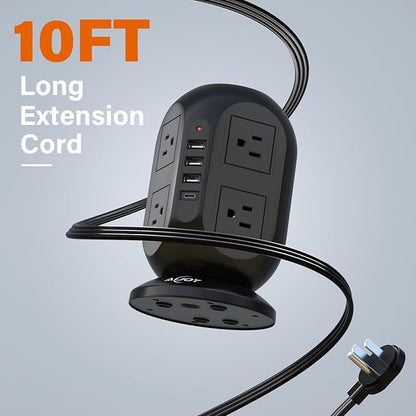 AiJoy Surge Protector Power Strip Tower with 8 Outlets 4 USB Ports(1 USB-C), 10 FT Flat Extension Cord with Multiple Outlets, Charging Tower with Surge Protection for Home Office Dorm Room Essentials