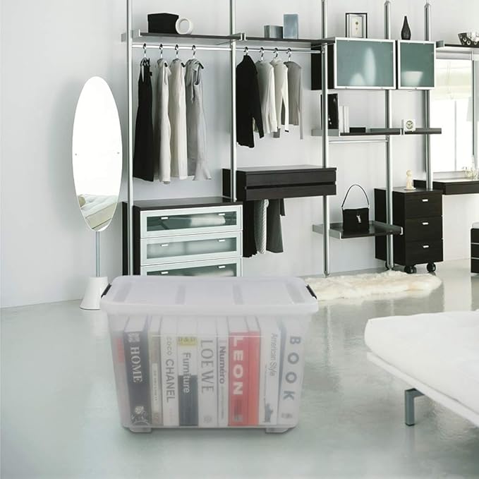 70 L Clear Plastic Large Storage Box with Wheels, Set of 4 LargeLatch Plastic Box for Storage