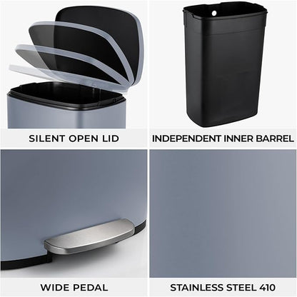 13.2 Gal Kitchen Trash Can, 50L Recycling or Garbage Bin, Brushed Stainless Steel Waste Basket, Soft&Quiet Close Dustbin, with Step-On Pedal, Removable Inner Bucket, for Home, Office, Living Room
