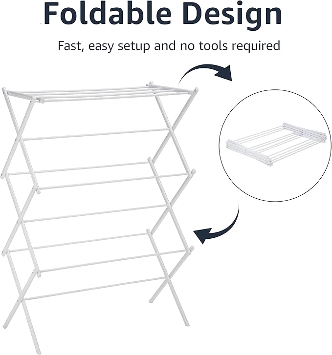 Amazon Basics Foldable Portable Laundry Rack for Air Drying Clothing, Indoor Outdoor Use - 14.5" D x 29.5" W x 41.8" H, White