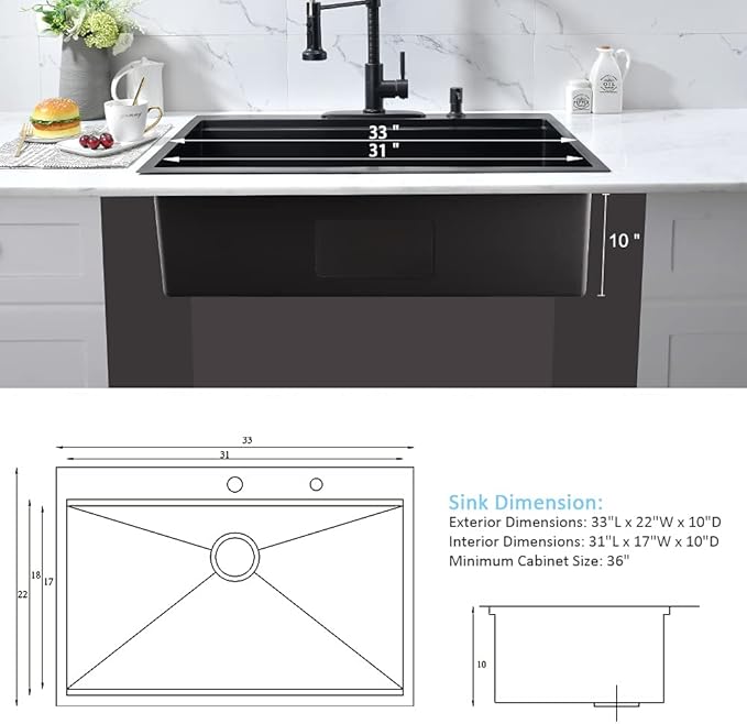 33 Inch Black Drop In Kitchen Sink Workstation-Bokaiya 33x22 Black Stainless Steel Kitchen Sinks Top Mount Ledge Workstation 16 Gauge 10" Deep Single Bowl Kitchen Sink with Cutting Board