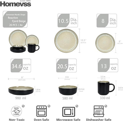 HomeVss 20-Piece Dinnerware Set - Serves 4, Reactive Glaze Bubble Beige Plates & Bowls Set | Microwave & Dishwasher Safe Dishes Set