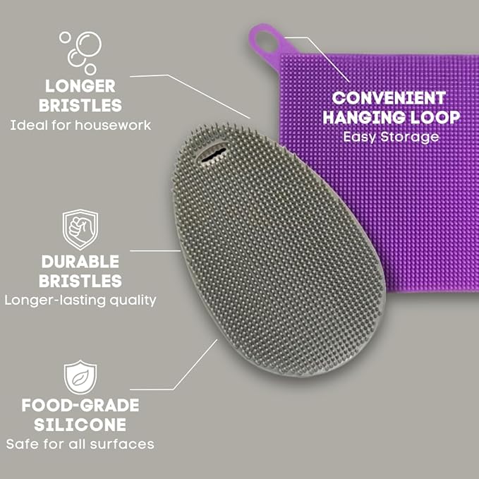 Silicone Dish Sponge Dish Scrubber (Oval and Square) - Dual-Sided, Food Grade Silicone Sponges for Dishes and Housecleaning 2-Pack