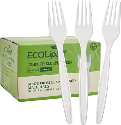 ECOLipak 100% Compostable Forks 150 Pack, 7 Inch Large Size Biodegradable Disposable Cutlery Forks, Heavy Duty Bio based CPLA Utensils for Party, BBQ, Picnic