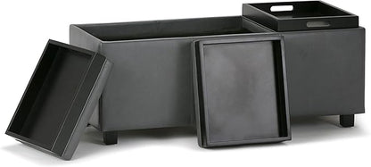 SIMPLIHOME Avalon 42 inch Wide Contemporary Rectangle Storage Ottoman in Stone Grey Vegan Faux Leather, Assembled, For the Living Room, Entryway and Family Room