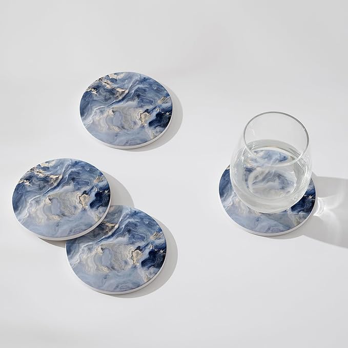Set of 6 Abstract Navy Blue Marble Coasters with Holder, Absorbent Ceramic Drink Coasters for Table Protection, Housewarming Gifts for New Home