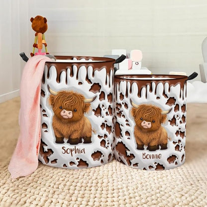 callie Personalized Highland Cow Laundry Basket for Kids, Waterproof Collapsible Laundry Hamper, Clothes Toys Storage Bin for Bedroom Nursery (13.8" x 16.5", 15.7" x 19.6")