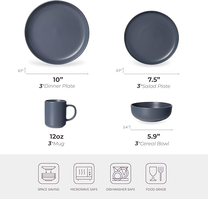 12-Piece Matte Blue Dinnerware Set,Stoneware Dinnerware for 3, Microwave & Dishwasher Safe, Stackable Design for Kitchen and Dining - Plates,Bowls and Mugs