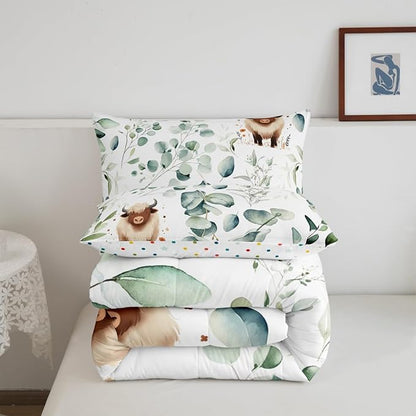 Erosebridal Boys Cartoon Animal Full Comforter Set for Kids Toddler Kawaii Cow Bedding Set Full, Highland Cattle Bull Bedding Comforter Sets Western Cowboy Duvet Set Green Eucalyptus Quilted Comforter