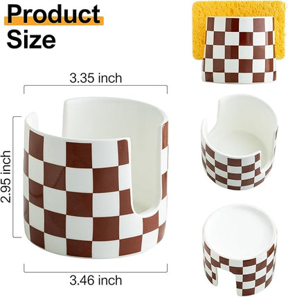 Checkered Sponge Holder for Kitchen Sink, Ceramic Dish Sponge Drying Caddy Scrubby Holder Kitchen Organizer Cute Dish Rack for Sink Counter, Brown and White