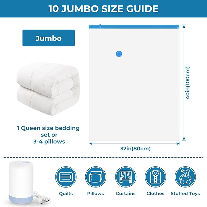 Vacuum Seal Bags for Clothing,10 Jumbo Vacuum Storage Bags with Rechargeable Air Pump,Space Saver Bags for Clothes,Travel Luggage,Blanket,Bedding,Pillows,Comforters