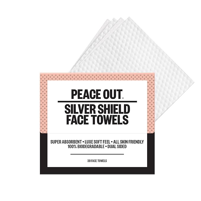 PEACE OUT Silver Shield Face Towels, For Blemish Prone Skin, Disposable Daily Use Skincare, Super Absorbent, Lux Soft Feel, All Skin Friendly, Duel Sided, 30 count