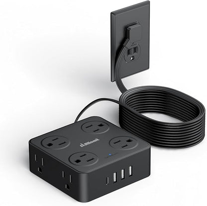 Flat Plug Power Strip with USB C, 6.5FT Flat Extension Cord - 8 AC Outlets and 4 USB(1 USB C), Power Strip with Surge Protector, Wall Mount Charging Station Office Home (Black, 15 FT)