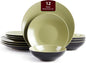Stoneware Two-Tone Colors Life 12pc Dinner Set， Outside Shiny Black + Inside Matte Glaze Olive)