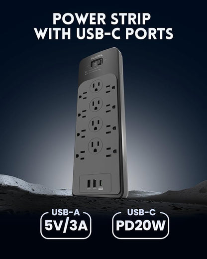 Surge Protector Power Strip 20FT(4080J), PLUGTUL Surge Protector with 12 Outlets - Spacious Design for Large Plugs, Flat Plug, 20W USB C Charging for Home, Office, ETL Listed