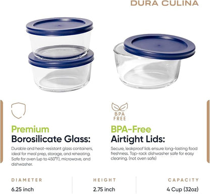 DURA LIVING 6-Piece Glass Food Storage Containers Set (3 Containers + 3 BPA-Free Lids) | 4-Cup, Leakproof | Microwave, Freezer, Oven & Dishwasher Safe | Ideal for Meal Prep & Pantry Organization