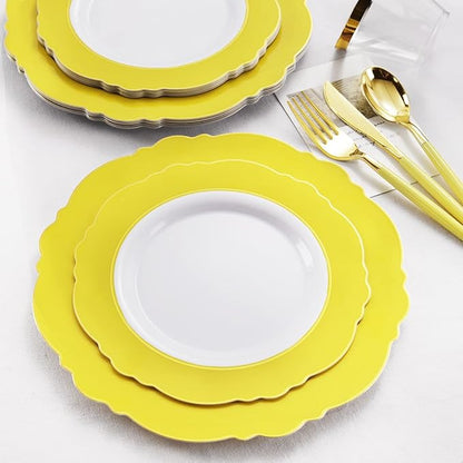 WDF 150pieces Yellow Disposable Dinnerware Hign-end Baroque Design - Sturdy&Durable Baroque Yellow Sunshine&Gold Plastic Dinnerware for Upscale Wedding & Thanksgiving Parties