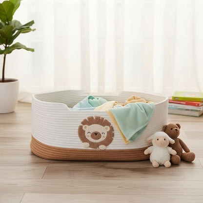 Portable Foldable Basket with Handles, Sturdy Woven Cotton Rope Crate for Daily Organization, Baby Bedside Sleeper, Outings, Pet Nest 27.56 × 15.75in