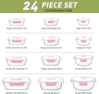 BAYZZ 24 Piece Glass Food Storage Containers with Lids, Airtight Glass Meal Prep Containers for Kitchen, BPA-Free Lunch Box, Microwave and Freezer Safe,Pink