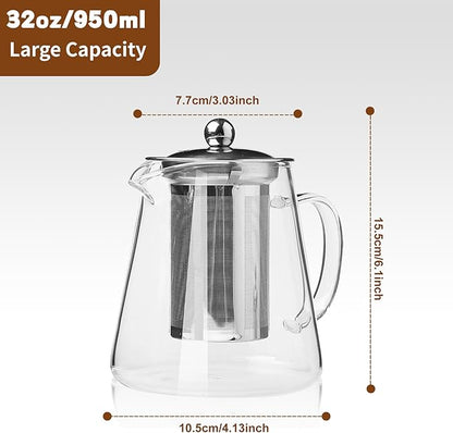 Glass Teapot, Tea Pot with Removable Infusers for Loose Tea, Borosilicate Glass Tea Kettle Tea Maker Stovetop for Party, Camping,Travel (950ML)