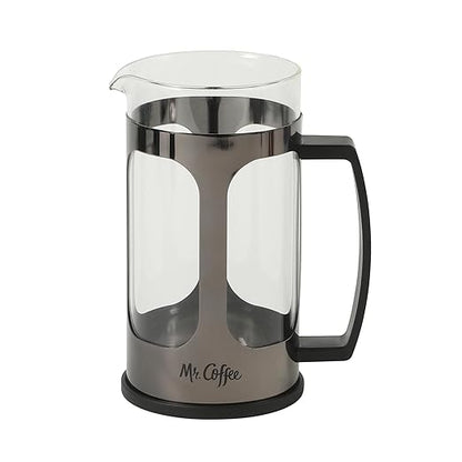 Mr. Coffee Daily Brew French Press Coffee Maker, 30-Ounce Glass Carafe with High Heat Resistant Durable Borasilicate Glass & Gunmetal Frame and Plunger, Includes Coffee Scoop