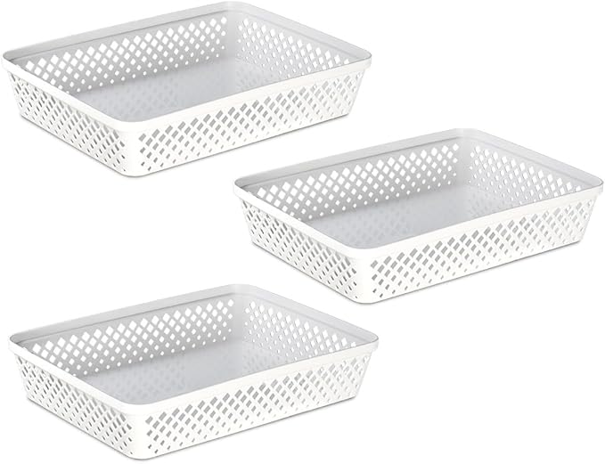 Glad Plastic Storage Basket Set - Multipurpose Drawer Trays, Kitchen Pantry Containers, and Bathroom Bins - 3 Pack Large Organizers, White