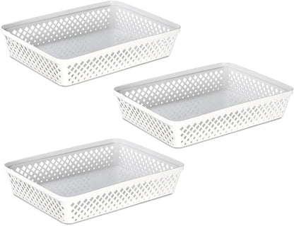 Glad Plastic Storage Basket Set - Multipurpose Drawer Trays, Kitchen Pantry Containers, and Bathroom Bins - 3 Pack Large Organizers, White
