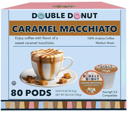 Double Donut Caramel Macchiato Flavored Coffee Pods - Caramel Coffee in Single Serve Coffee Pods for the Keurig K Cups Coffee Brewers, Medium Roast From Double Donut, 80 Count
