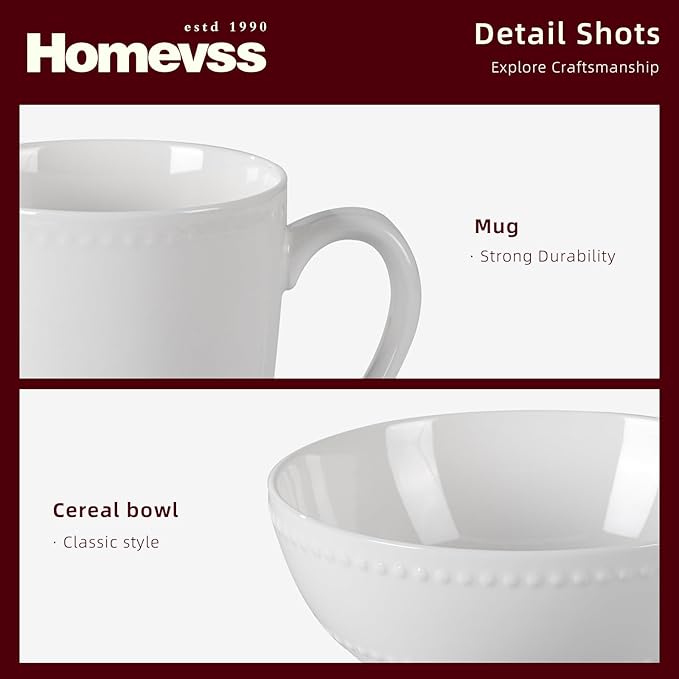 HomeVss, New Bone China Dinnerware Set, Embossed Pearl Design, 16pc Set