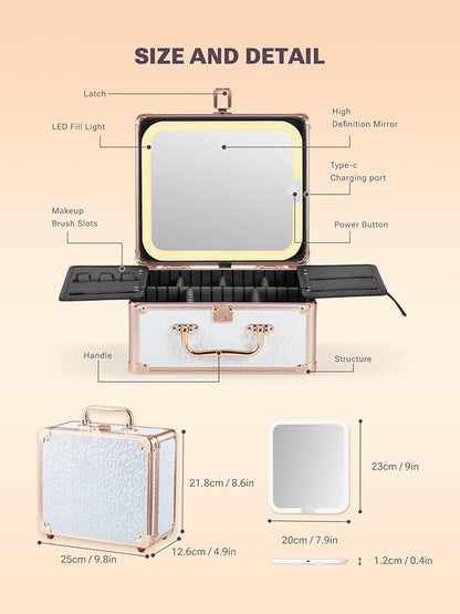 Qislee Makeup Box with A Detachable Lighted Mirror, Waterproof Travel Train Case, Cosmetic Organizer and Makeup Suitcase with Adjustable Dividers, Magnetic LED Mirror(Bright White)