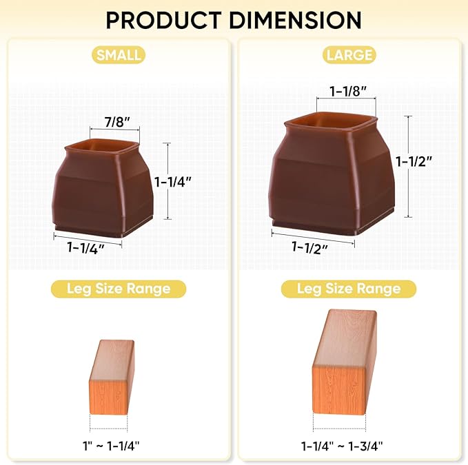 BALEINE 32 Pack Silicone Chair Leg Floor Protectors, Stool Leg Protectors Cap, Non-Slip Chair Leg Caps for Hardwood Floors (Brown & Large (Square), 32 Pack)