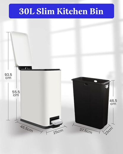 Kitchen Rubbish Bin, 30 L, Narrow Pedal Bin with Lid, Stainless Steel Kitchen Rubbish Bin with Inner Bucket, Rectangular Waste Bin for Kitchen, Bathroom, Bedroom, Office, White