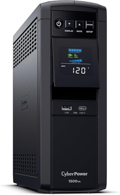 CyberPower CP1500PFCLCD PFC Sinewave UPS Battery Backup and Surge Protector, 1500VA/1000W, 12 Outlets, AVR, Mini Tower; UL Certified