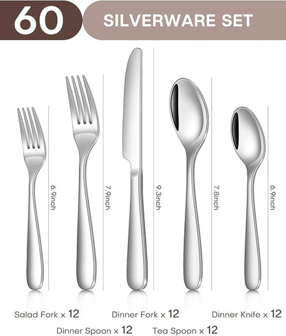 Silverware Set, Ollex 60 Pieces Heavy Duty Stainless Steel Flatware Cutlery Set for 12, Mirror Polished Tableware Eating Utensils Set Include Knife Spoon Fork Set for Kitchen, Dishwasher Safe