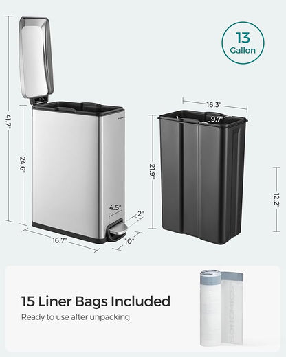 SONGMICS Slim Trash Can, 13-Gallon (50 L) Garbage Can for Narrow Spaces with Soft-Close Lid, Inner Bucket, and Step-on Pedal, Stainless Steel, 15 Trash Bags Included, Silver ULTB510E48