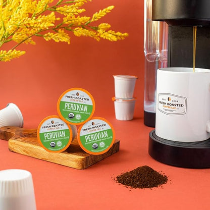 Fresh Roasted Coffee, USDA Organic Peru Water-Processed Half-Caf | 3rd Party Tested for Pesticides, Mold, Mycotoxins, Kosher | 100% Arabica, Specialty Grade, Med Roast 24 Pods for K Cup Brewers