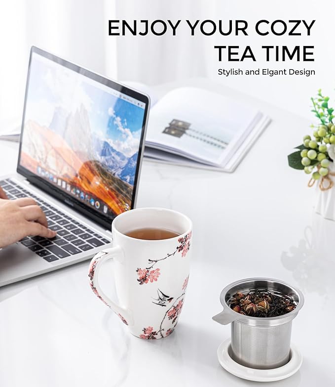 AmorArc Porcelain Tea Mug with Infuser and Lid, 18 Oz Tea Cup with Handle for Loose Leaf Tea, Gift for Tea Lovers of Men and Women